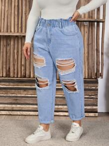 SHEIN LUNE Plus Size Women Ruffle Trim Waist Pocket Distressed Flared Leg Jeans
