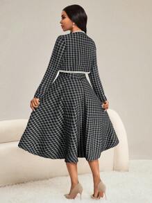 SHEIN Lady Herbstkleidung im Viersaonenlook Zwei-Teiler Herbstsets Elegante Damenkleider für Büroarbeit, Valentinstag, Ausgestellter Ausschnitt, Langarm, Neuer Fit, Damen Zweiteiler, Winterkleid Damen, Herbstoutfits Damen - Schwarz und Weiss - Übersicht 2