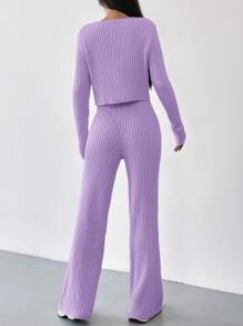 Muchica Khaki Ribbed Knit Cardigan & Knit Pants - Purple - View 2