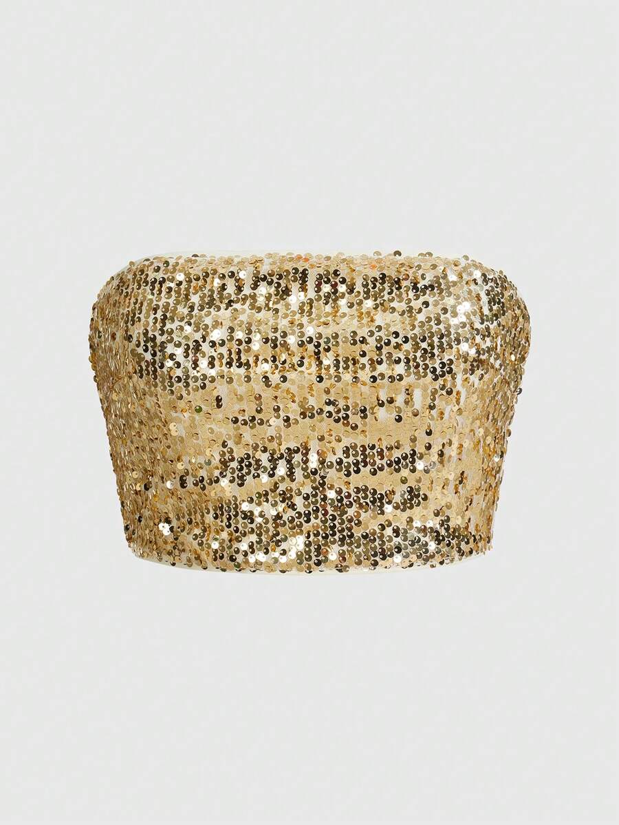 SHEIN ICON 时尚派对亮片短款紧身胸衣上衣 - 金色 - 查看 1