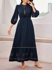 Seusyu 女士优雅刺绣灯笼袖长裙 - 藏蓝色 - 查看 4