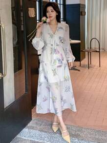 DAZY Floral Print Tie-Up Split Puff Sleeve Women's Mid-Length Dress,Fall Dress Long Sleeve Dress Boho Vacation Outfits Women - Beige - View 4