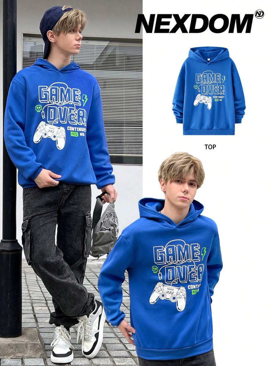 SHEIN 青少年男童休闲游戏主题印花套头卫衣,宽松版型,适合秋冬季外出穿着。 - 寶藍色 - 查看 1