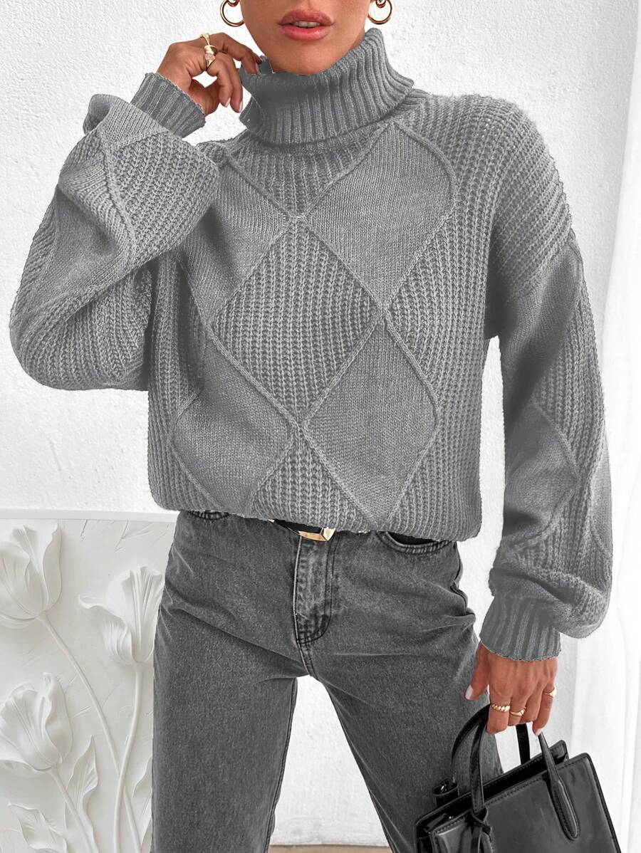 EURMUSE Women Casual Solid Color High Neck Dropped Shoulder Sweater, For Autumn/Winter