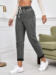 SHEIN Essnce Casual Washed Drawstring Waist Tapered Jeans Thickened Denim - Dark Grey - View 3