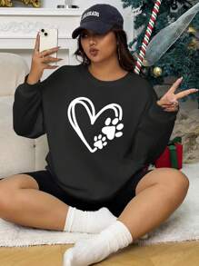INAWLY Plus Heart & Paw Print Drop Shoulder Sweatshirt, For Winter - Black - View 1