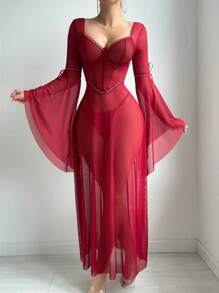SHEIN 2pcs/Set Valentine's Gothic Sexy Ruffled Long Sleeve Underwire Dress + Thong Set - Burgundy - View 4