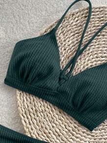 SHEIN Swim Women Summer Beach Solid Ribbed Simple Bikini Set For Vacation - Dark Green - View 4