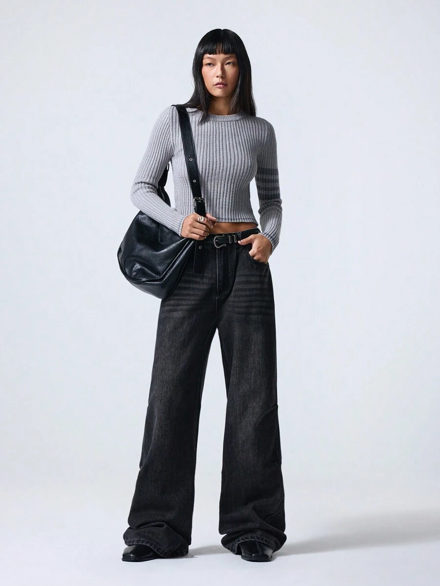 SHEIN EZwear Áo len chui đầu họa tiết sọc thường ngày cho nữ - Xám - Xem 1