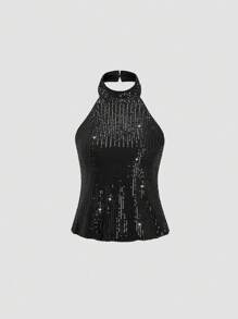 Flirla Women's Fashion Backless Sequin Halter Neck Blouse For Party