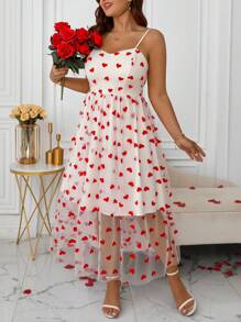 SHEIN Clasi Plus Size Valentine's Day Heart Net Mesh A-Line Casual Slip Dress - White - View 7