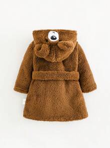 SHEIN 新生儿可爱熊刺绣连帽厚睡袍 - 棕色 - 查看 2