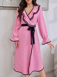 Women's Contrast Color Trim Double Layer Ruffle Collar Tie Front Bathrobe Loungewear - Pink - View 6