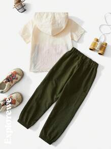 SHEIN Set de haine pentru băiat tânăr, cu glugă, cu glugă, cu mânecă scurtă și pantaloni