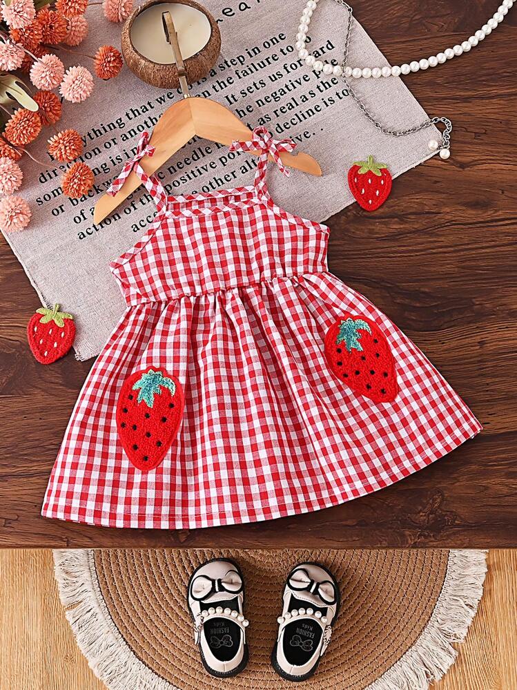 Vintaside Kids Vestido de tirantes retro con parches para bebé niña, con decoración de fresas, estilo campestre fresco, adecuado para juegos al aire libre, ropa casual para el hogar, atuendo dulce para fiestas - Rosa - Añade 8