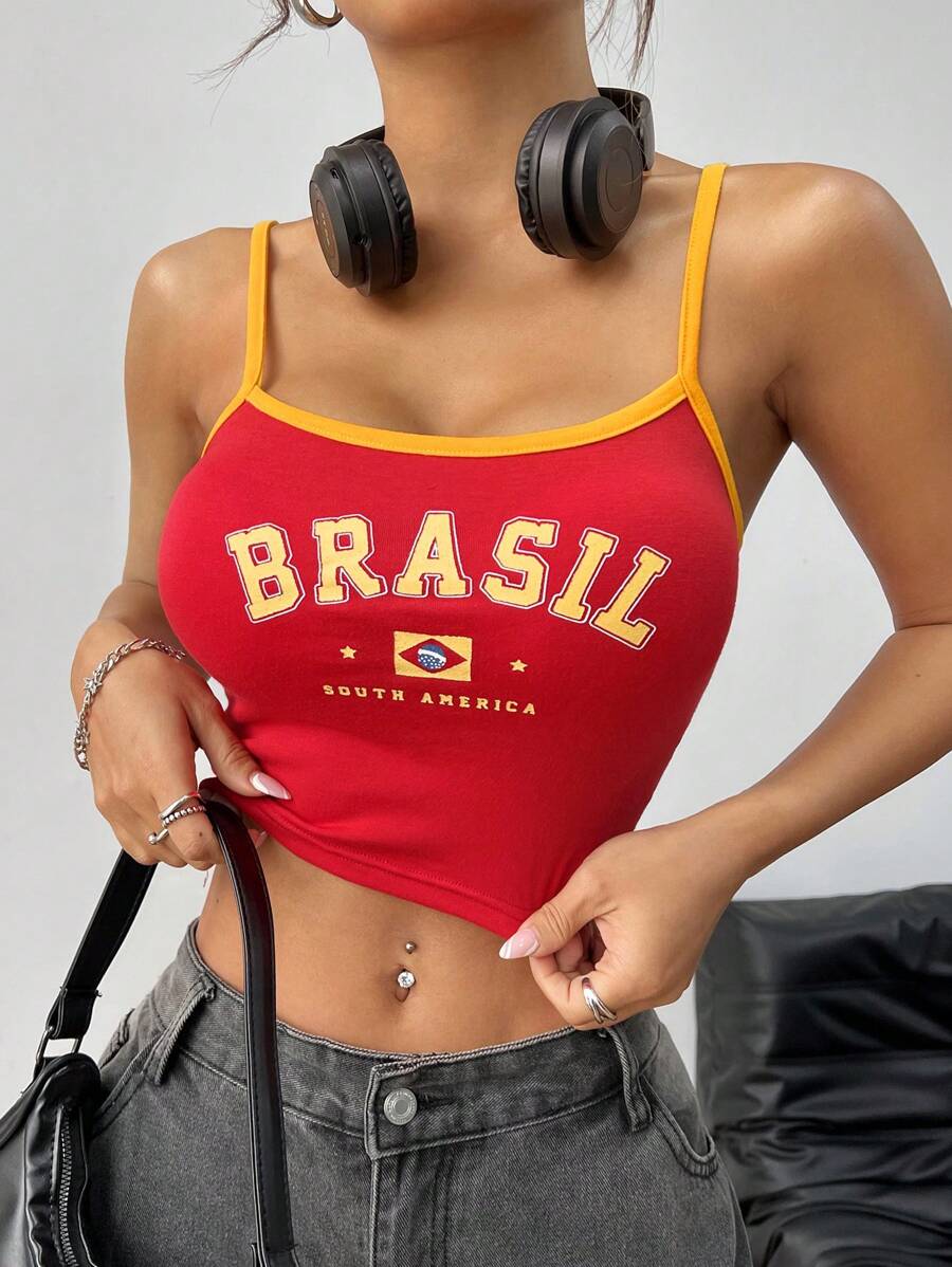 Muchica Letter Graphic Contrast Binding Cami Top Football Shirt - Red - View 1