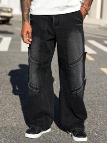 Manfinity Homme Celana Jeans Pria Kasual Model Lurus dengan Detail Sobek - Hitam - View 8