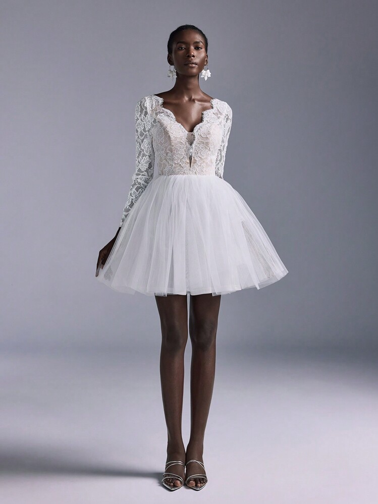 SHEIN Belle Elegant And Luxurious Ivory Lace Trim Mesh Dress, Voluminous, Suitable For Weddings, Parties, Events, Gift, Bridal Shower Dress - Beige - View 5