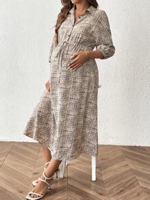 SHEIN 孕妇扎染印花灯笼袖纽扣半襟腰系带休闲衬衫连衣裙 - 卡其色 - 查看 7