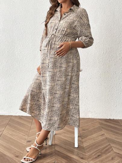 SHEIN 孕妇扎染印花灯笼袖纽扣半襟腰系带休闲衬衫连衣裙