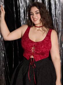 SHEIN MOD 夏季大码红色编织提花背心，正面系带设计 - 紅色 - 查看 6