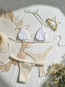 Swim Mod 3 件套女士沙滩装，纯色纹理面料露背性感复古比基尼泳装套装，适合夏季海滩度假 - 杏色 - 查看 2