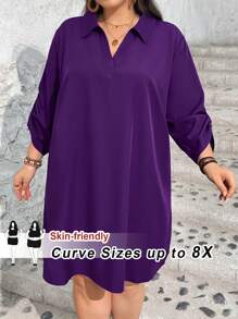 SHEIN CURVE+ CURVE PLUS Plus Size Women Purple Autumn Casual Lougewear Long Sleeve Shirt Collar Dress,Autumn Outfits For Women - Purple - View 1