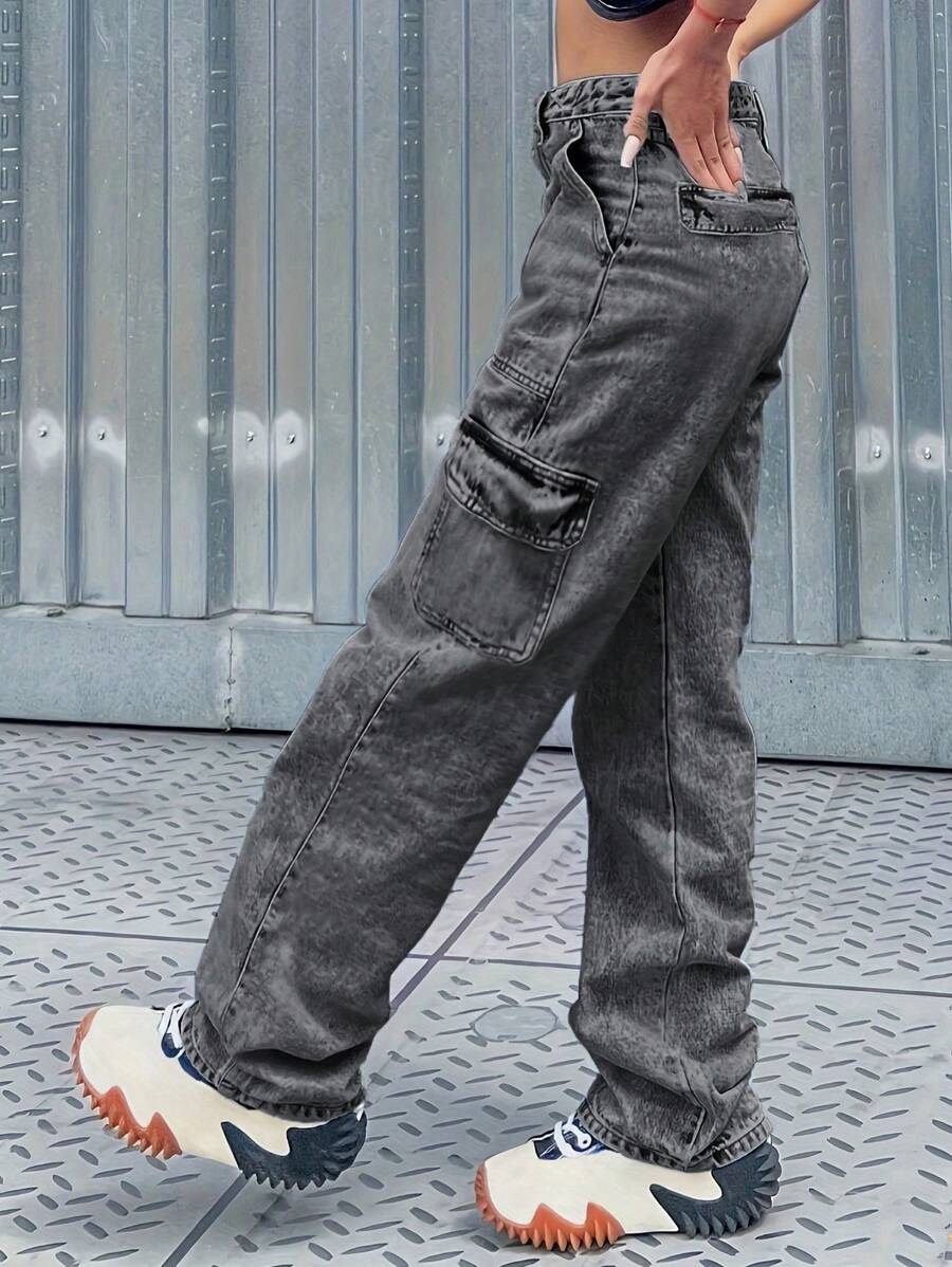Women's Work Pants With Front Buttons, Multiple Pockets, Everyday Casual Straight-Leg Loose-Fit Denim Pants For Autumn And Winter. - 深灰色 - 查看 1