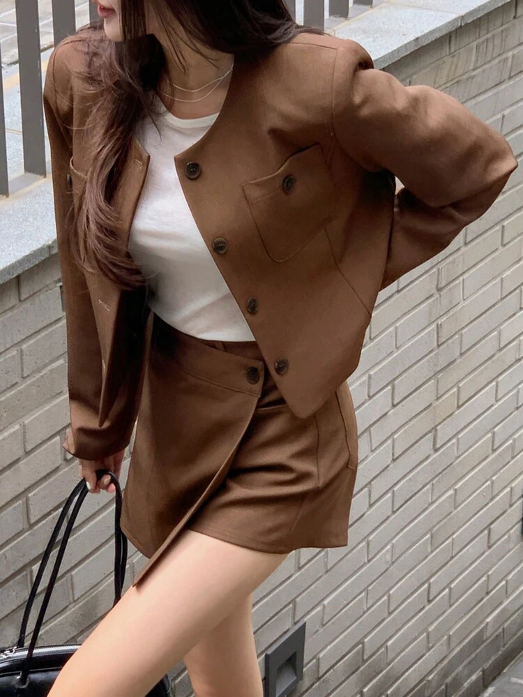 2pcs Women Solid Color Round Neck Top & Skirt Set, Spring/Autumn