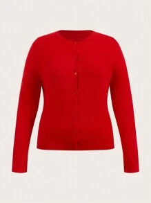 SHEIN BASICS 秋冬大码纯色长袖休闲针织红色开衫 - 紅色 - 查看 1