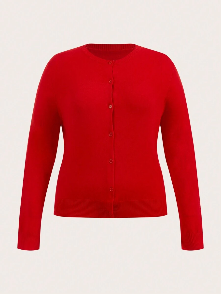 SHEIN BASICS 秋冬大码纯色长袖休闲针织红色开衫 - 紅色 - 查看 1