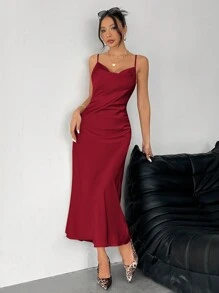 SHEIN PETITE Solid Color Swing Collar Long Satin Satin Suspender Burgundy Dress Suitable For Dates - Burgundy - View 4