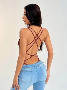 SHEIN PETITE Women's Knit Backless Strap Cami Camisole Top - Burgundy - View 2