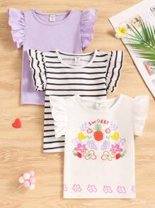 SHEIN 三件套女童休闲热带水果印花白色短袖上衣、紫色T恤、黑白条纹T恤，百搭夏季装 - 白色 - 查看 1