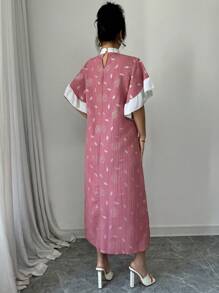 Modelyn Damen Blume Muster Kontrast Farbe Stehkragen Volant Kurzarm Locker Lang Kleid - Pink - Übersicht 2