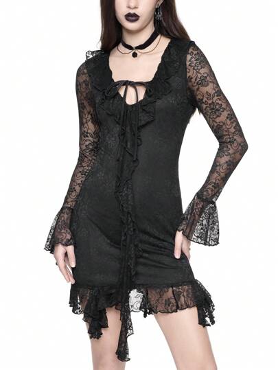 Goth Schwarzes Spitze elastisch ultra kurzes Bodycon Kleid mit Trägern, Schleife vorne und tiefem Ausschnitt, sexy für den Valentinstag
