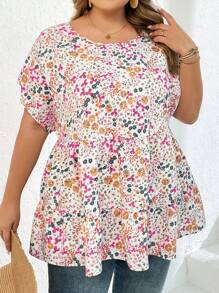 SHEIN CURVE+ Damen Große Größen Sommer Urlaub locker sitzende Bluse mit Rundhalsausschnitt, kurzen Ärmeln und gerüschtem Saum, Boho Urlaubsstil mit zart gemustertem Blume Muster