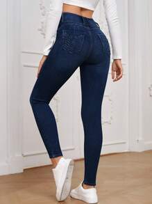 EMERY ROSE Casual Washed High Waist Skinny Fit Jeans - Dark Wash - View 3