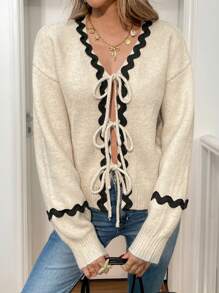 SHEIN Frenchy 女士波浪丝带前系带长袖开衫，休闲风格，秋冬 - 杏色 - 查看 6