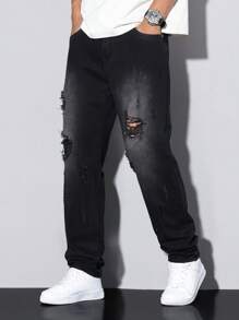 Manfinity Homme Men's Simple Distressed Pocket Jeans, Casual Everyday Wear, Emo Style - Black - View 6