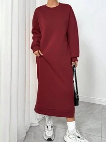 Muchica Loose Fit Solid Color Long Sleeve Casual Sweatshirt, Long Length & Minimalist Style For Daily Wear - Red - View 4