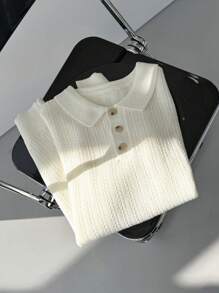 DAZY Men's Solid Color Basic Knitted Polo Shirt, Summer - White - View 3