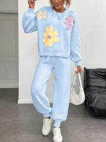 Chiquease Retro Floral Print Loose Crew Neck Lantern Sleeve Sweater Set, Casual And Relaxed Style, Fashionable Design, Suitable For Autumn/Winter - Baby Blue - View 7