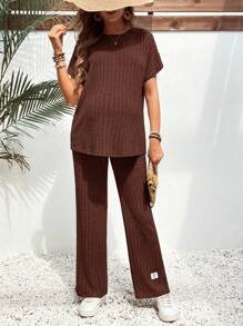 SHEIN 2pcs Maternity Solid Color Crew Neck Short Sleeve Ribbed T-Shirt And Pants Casual Set - Coffee Brown - View 5