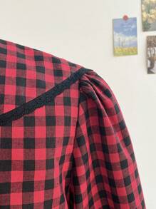 Soleia Áo cánh tay dài cổ bèo nhún kẻ caro đỏ đen cỡ lớn cho nữ, rộng rãi, thoải mái, phù hợp cho mùa thu, đông và xuân - Nhiều màu - Xem 7