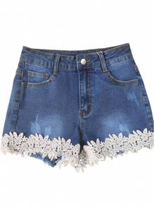Stretchy Lace Pocket Skinny Denim Shorts For Women - Medium Wash - View 5