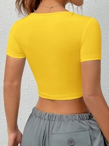 SHEIN EZwear Women Square Neck Short Sleeve Cropped Fitted Seamless Basic Yellow T-Shirt Top - Yellow - View 2