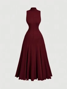 SHEIN MOD 大码杏色高领无袖女式连衣裙、秋季长裙、巡游女装、优雅连衣裙、晚礼服、秋季女装、舞会礼服、万圣节礼服、返校节礼服、海滩女装、连衣裙、复古连衣裙 - 酒紅色 - 查看 1