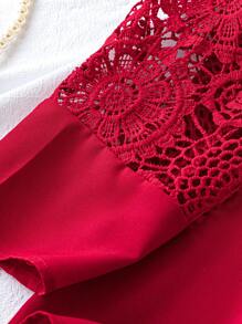 SHEIN LUNE Blusa Plus Size Elegante Cor Sólida Renda Splice Decote Fechado Para Outono - Vermelho - Ver 5