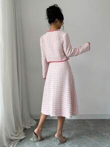 Chiquease A 字型中长连衣裙，优雅，适合派对、通勤、休闲，带口袋，粗花呢面料，撞色刺绣饰边，格子西装外套女式两件套 U 领背心和连衣裙套装 - 粉色 - 查看 2